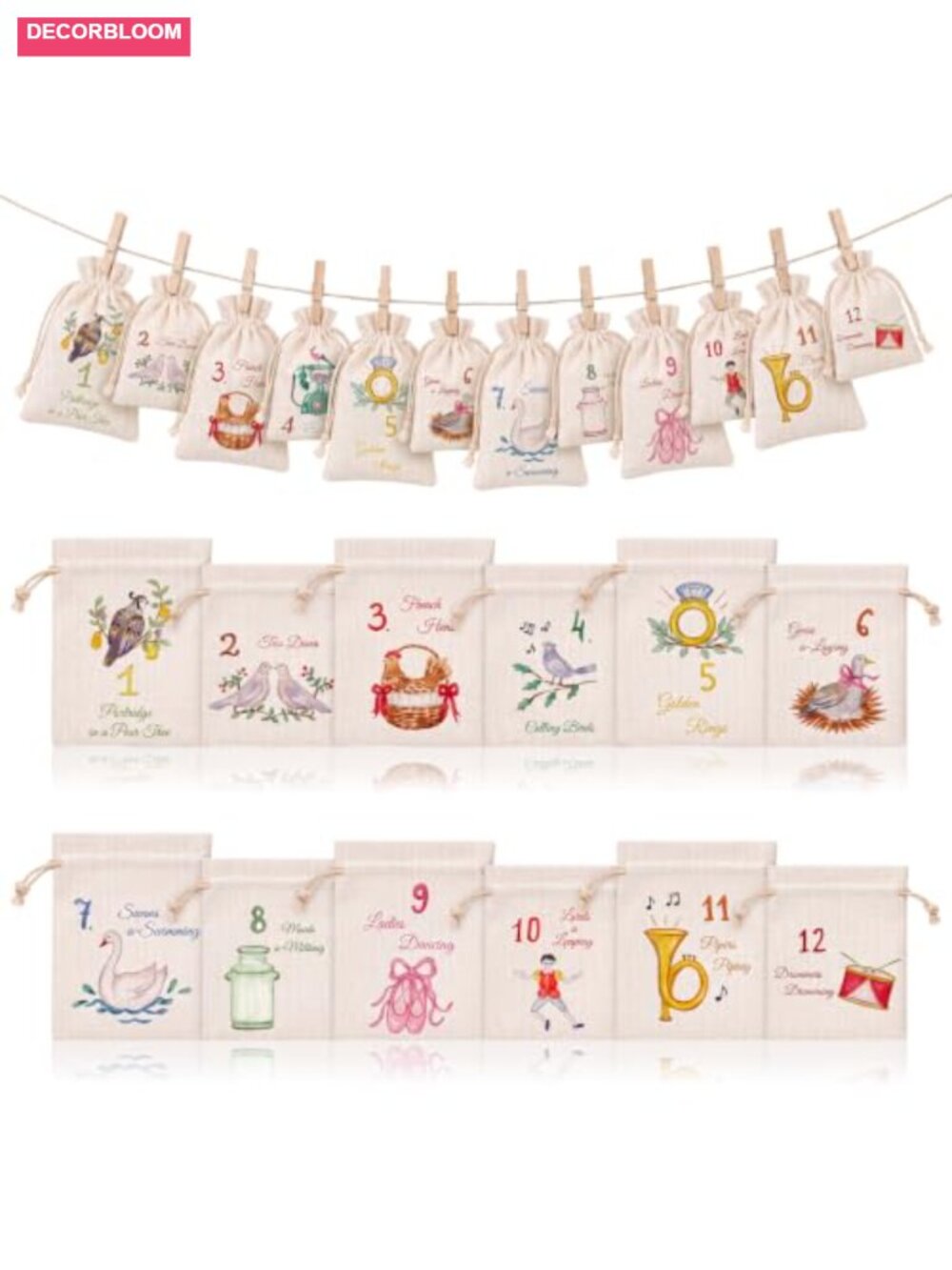 12 Days of Christmas Advent Calendar Burlap Gift Bags Reusable